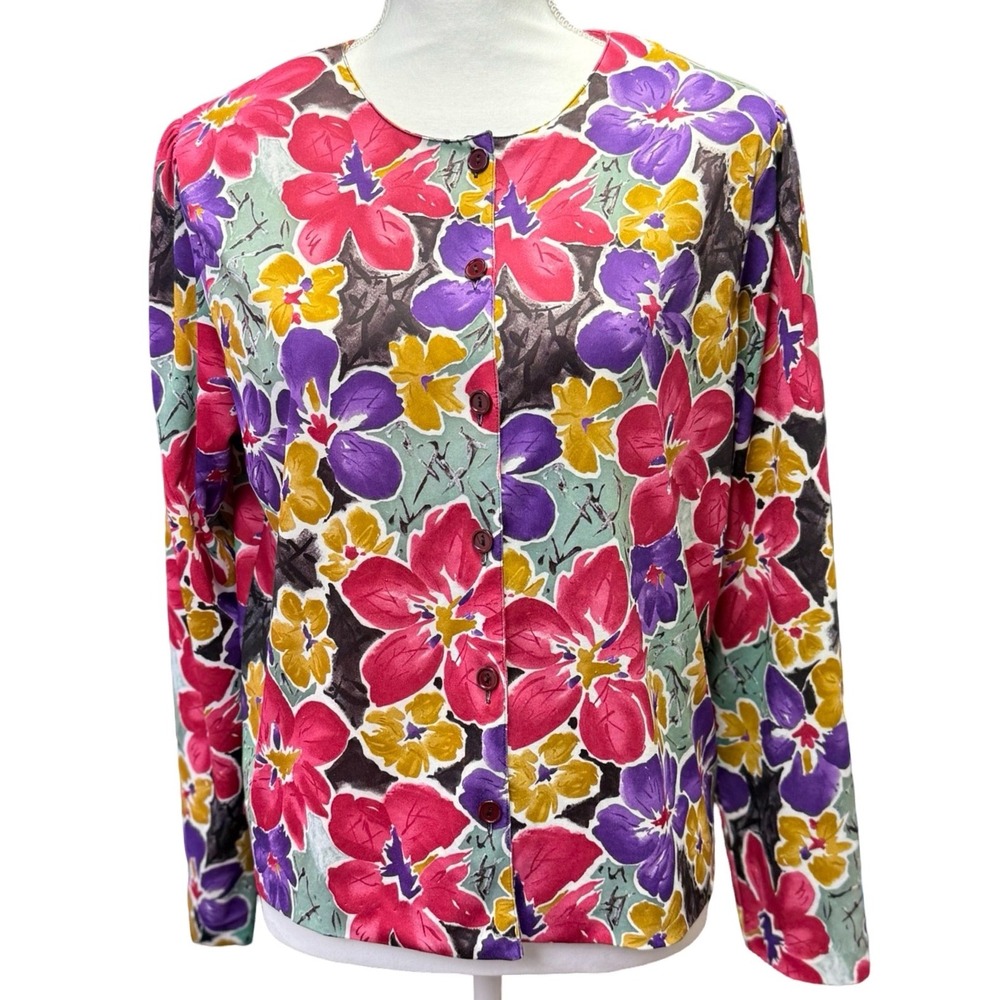 Bridgegate Vintage 90s Floral Button Up Blouse Pink Purple Size 6 Long Sleeve